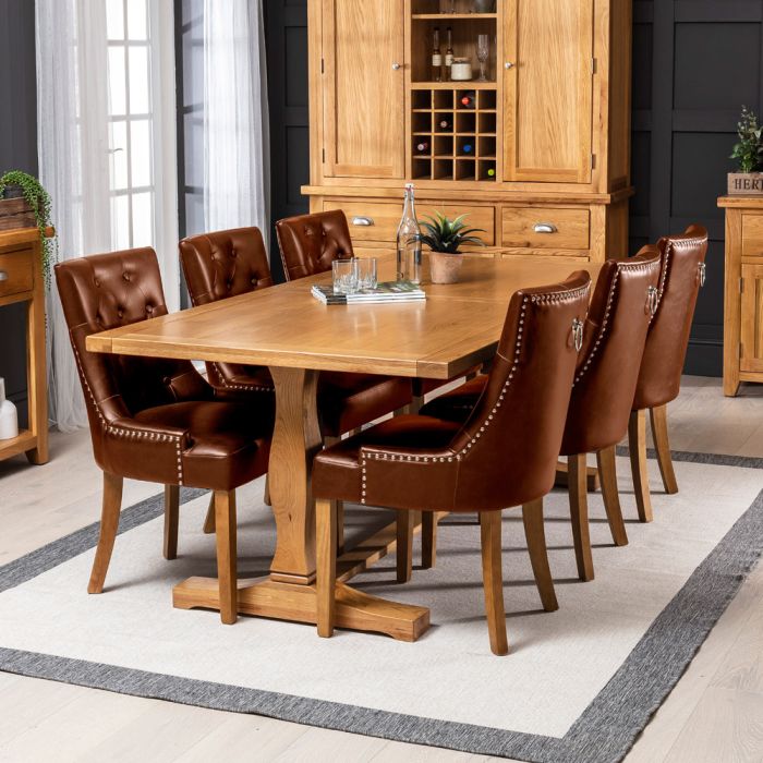 Solid Oak Refectory 2m Dining Table And, Leather Dining Room Chairs