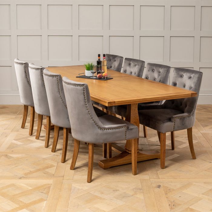 Solid Oak Refectory 2 4m Dining Table And 8 Storm Grey Scoop Chairs The Furniture Market