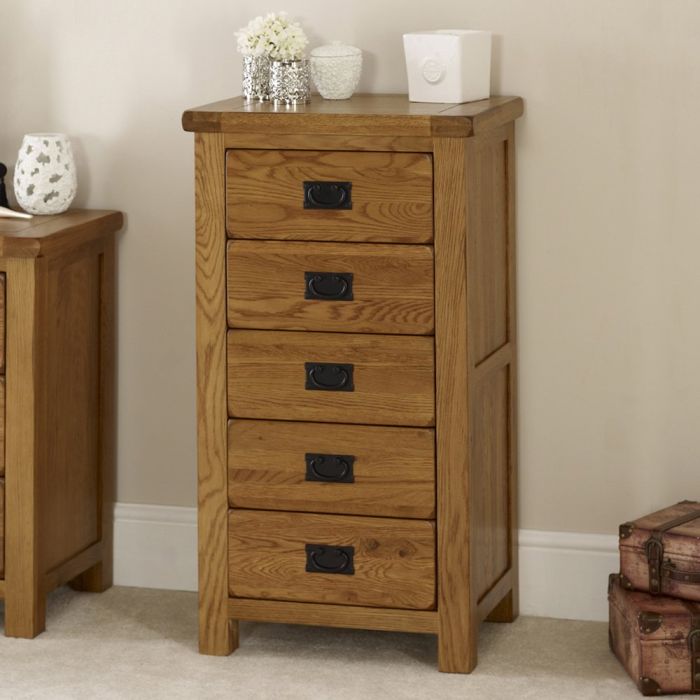 Rustic Oak 5 Drawer Tallboy Wellington Chest Of Drawers The