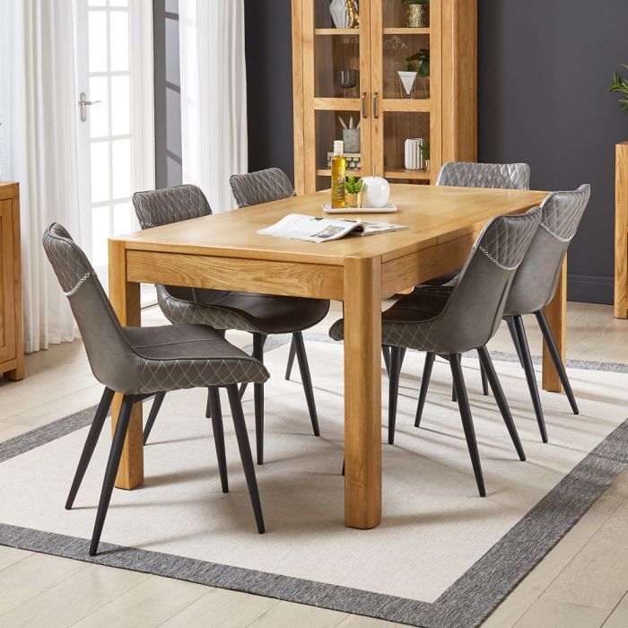 Soho Oak Medium Dining Table With 6 Qty, Grey Leather Dining Chairs Set Of 6