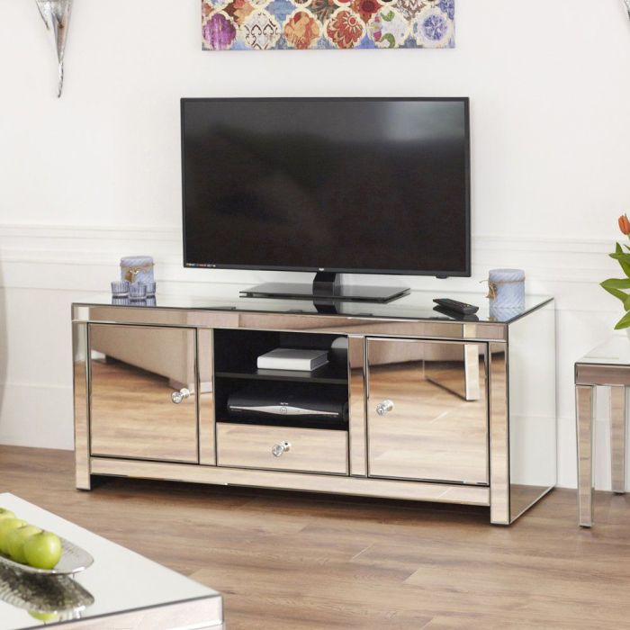 Venetian Mirrored Widescreen Tv Unit, Mirrored Tv Stand With Drawers