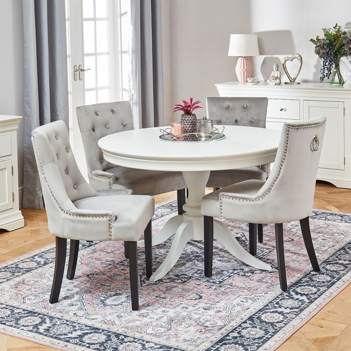 Wilmslow White Round Dining Table With, Round Gray Kitchen Table And Chairs