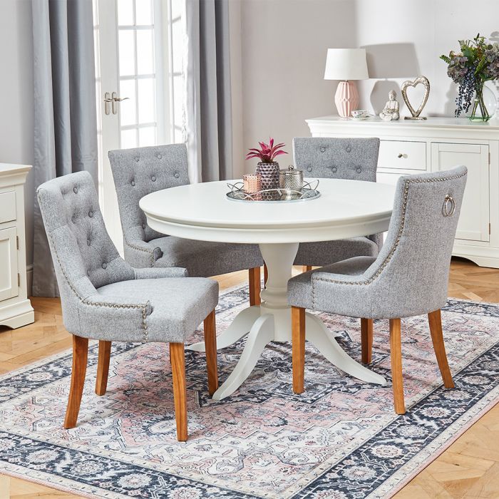 Grey Fabric Scoop Chair Set, White Round Table And 4 Grey Chairs