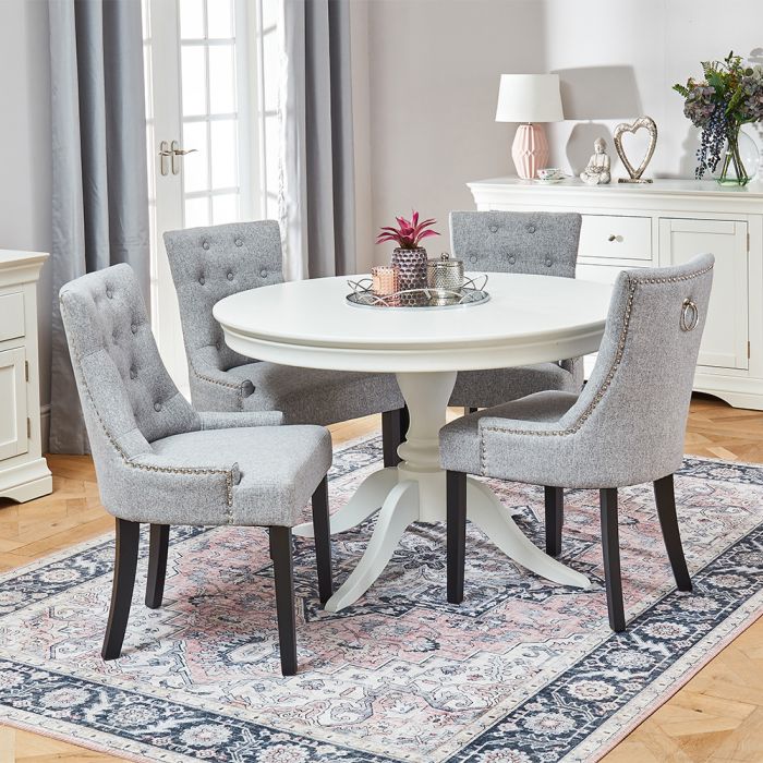Grey Fabric Scoop Chair Set, Black Round Dining Table And Chairs