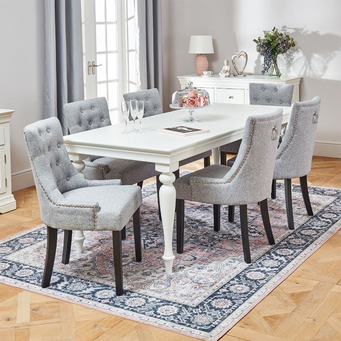 6 Grey Fabric Scoop Chairs, White Dining Room Table