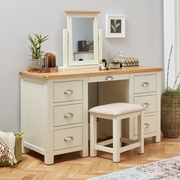 Cotswold Cream Pedestal Dressing Table, Mirror Vanity Table With Stool