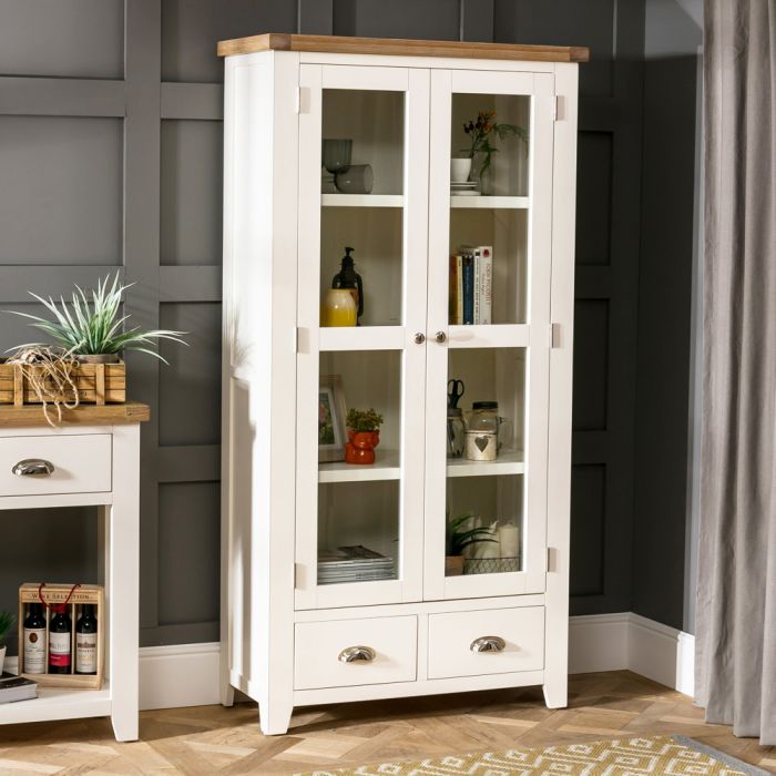 Cheshire Cream Painted Glazed 2 Door 2 Drawer Tall Display Cabinet