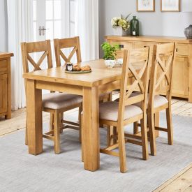 Hereford Rustic Oak 1.25m Dining Table + 4 Cross Back Fabric Chair Set