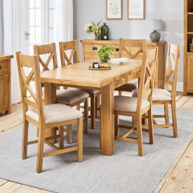 Hereford Rustic Oak 1.25m Dining Table + 6 Cross Back Fabric Chair Set