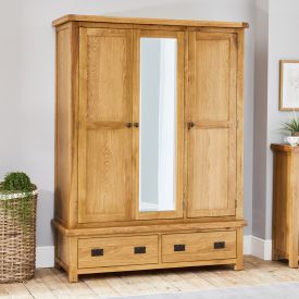 Hereford Rustic Oak 3 Door Triple Wardrobe with Mirror