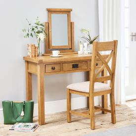 Hereford Rustic Oak Dressing Table with Mirror and Oak Chair Set