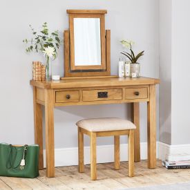 Hereford Rustic Oak Dressing Table with Mirror and Stool Set