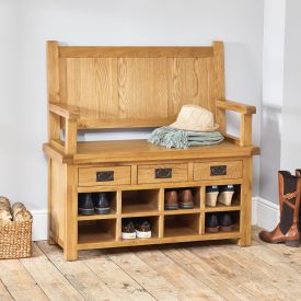 Hereford Rustic Oak Monks Bench with Shoe Rack