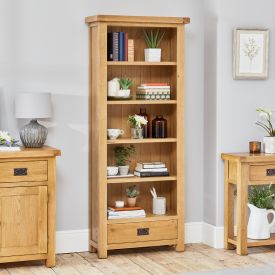 Hereford Rustic Oak Tall Large Bookcase with Drawer