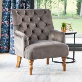 Chatsworth Storm Grey Velvet Button Upholstered Armchair