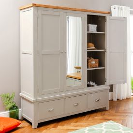 Downton Grey Painted Triple 3 Door Mirrored Wardrobe with 3 Drawers