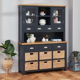Cotswold Charcoal Grey Painted Large Glazed Dresser with Baskets