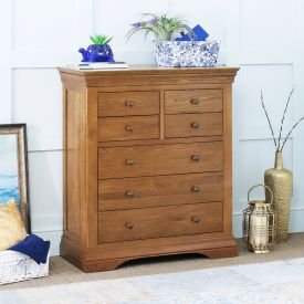 French Louis Oak Tall Large 4 over 3 Drawer Chest of Drawers