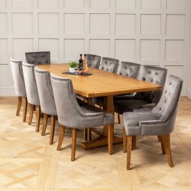 Solid Oak Refectory 2.4m Dining Table and 10 Storm Grey Scoop Chairs