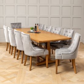 Solid Oak Refectory 2.4m Dining Table and 10 Light Grey Scoop Chairs