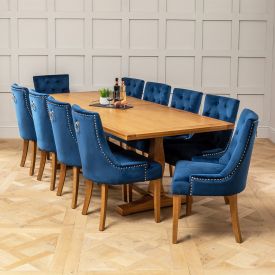 Solid Oak Refectory 2.4m Dining Table and 10 Blue Velvet Scoop Chairs
