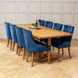 Solid Oak Refectory 2.4m Dining Table and 8 Blue Velvet Scoop Chairs