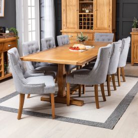 Solid Oak Refectory 2.4m Dining Table and 8 Grey Fabric Scoop Chairs