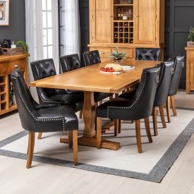 Solid Oak Refectory 2.4m Dining Table and 8 Black Scoop Dining Chairs