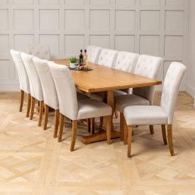 Solid Oak Refectory 2.4m Dining Table and 10 Marbury Oatmeal Chairs