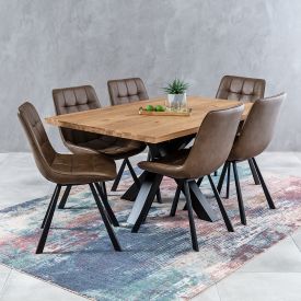 Industrial Oak 1.6m Starburst Dining Table + 6 Hopper Brown Chairs