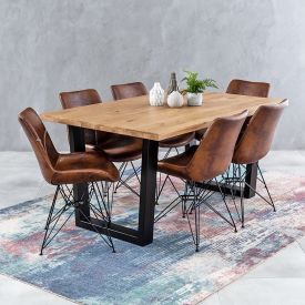 Industrial Oak 1.6m V-Base Dining Table + 6 Brogan Vintage Chair Set