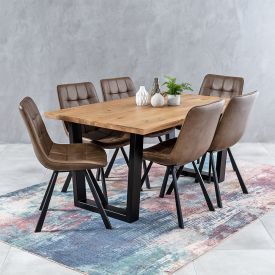 Industrial Oak 1.6m V-Base Dining Table + 6 Hopper Brown Chair Set