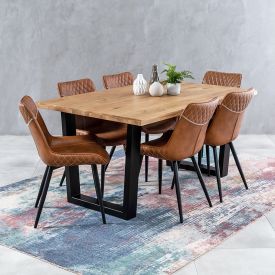 Industrial Oak 1.6m V-Base Dining Table + 6 Stanton Tan Chair Set