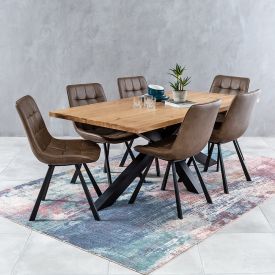 Industrial Oak 1.9m Starburst Dining Table + 6 Hopper Brown Chairs