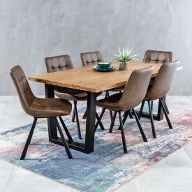 Industrial Oak 1.9m V-Base Dining Table + 6 Hopper Brown Chair Set