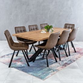 Industrial Oak 2.2m Starburst Dining Table + 8 Hopper Brown Chairs