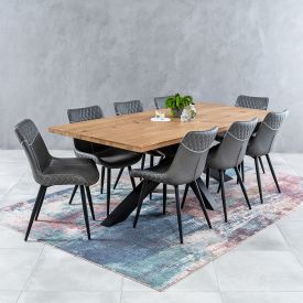 Industrial Oak 2.2m Starburst Dining Table + 8 Stanton Stone Chairs