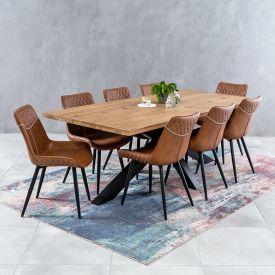 Industrial Oak 2.2m Starburst Dining Table + 8 Stanton Tan Chairs