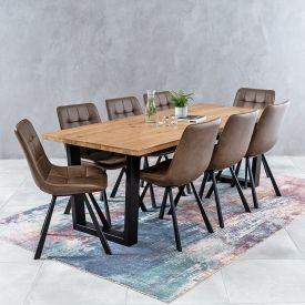 Industrial Oak 2.2m V-Base Dining Table + 8 Hopper Brown Chairs