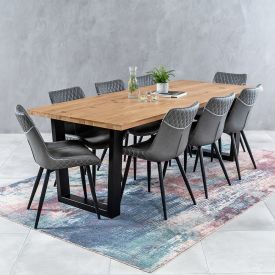 Industrial Oak 2.2m V-Base Dining Table + 8 Stanton Stone Chairs