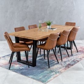 Industrial Oak 2.2m V-Base Dining Table + 8 Stanton Tan Chairs