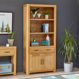 Soho Oak Large Tall Bookcase with 2 Door Cupboard and Drawer