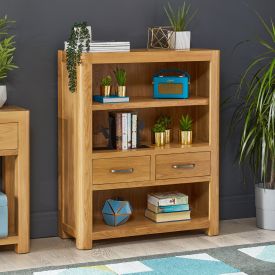 Soho Oak Curved Small Compact Low Bookcase with 2 Drawers