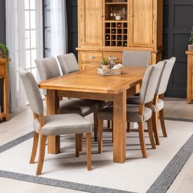 Solid Oak Medium Extending Dining Table + 6 Natural Fabric Oak Chairs