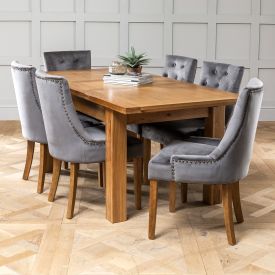 Solid Oak Medium Extending Dining Table + 6x Storm Grey Velvet  Chairs