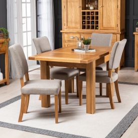 Solid Oak Small Extending Table + 4 Natural Fabric Dining Oak Chairs