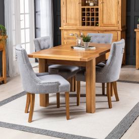Solid Oak Small Extending Table 4 x Grey Fabric Chairs