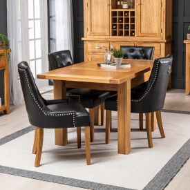 Solid Oak Small Extending Table 4 x Black Faux Leather Chairs