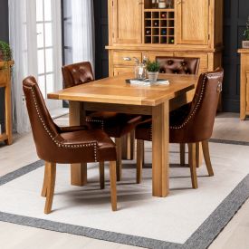 Solid Oak Small Extending Table 4 x Brown Faux Leather Chairs