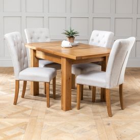 Solid Oak Small Extending Table 4 x Oatmeal Fabric Chairs